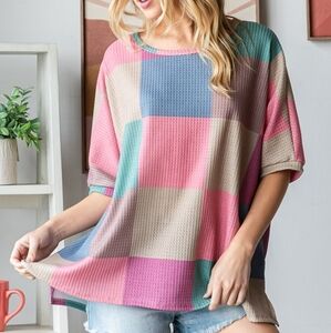 HOPELY Full Size Checkered Round Neck Side Slit T-Shirt